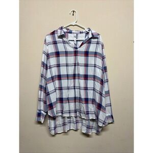 Collection Woman‎ Plaid Tunic Shirt Long Sleeve V Neck High Low Hem White Blue